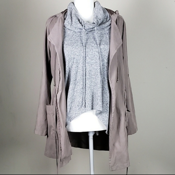 Becool Tan Hooded Utility Jacket Coat Women's Medium Drawstring Roll Tab Sleeves - Picture 3 of 11